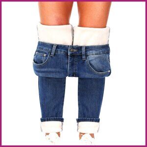 Fleece Lined Thermal Flannel Jeans Winter Warm Thicken Skinny Stretch Denim